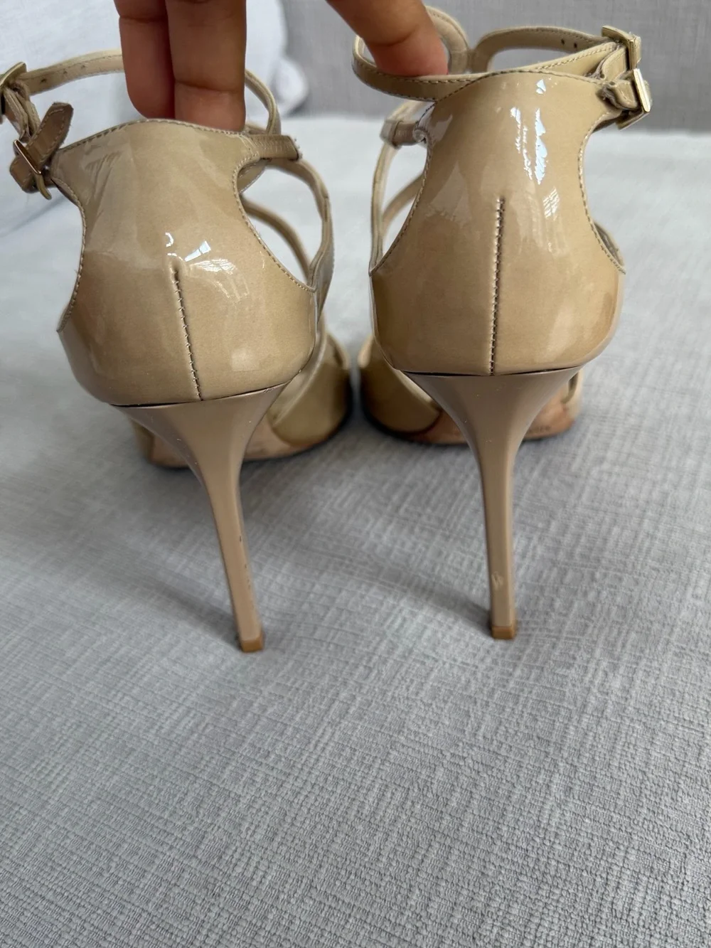 Jimmy Choo Lang Beige Patent Leather Ankle Strap Sandals size 38.5
